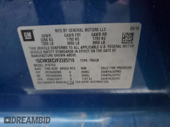 2015 Chevrolet Silverado 1500 LTZ with VIN 1GCVKSEC2FZ325719, listed as a Copart auction lot 79193314 with 0 mi miles and Salvage Title. Bid and sale history available at carsss.com. Image 14.