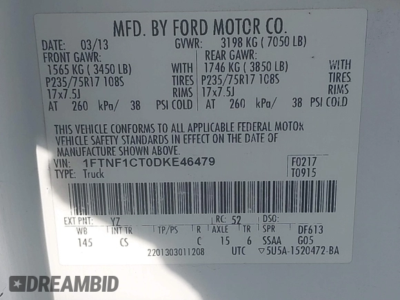 2013 Ford F-150 XL with VIN 1FTNF1CT0DKE46479, listed as a IAAI auction lot 41763524 with 149,677 mi miles. Bid and sale history available at carsss.com. Image 9.