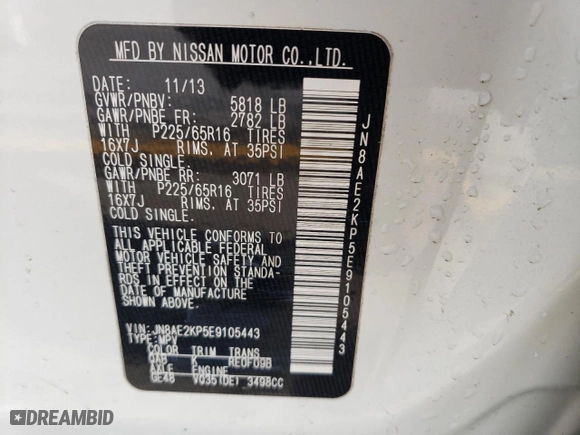 2014 Nissan Quest SV with VIN JN8AE2KP5E9105443, listed as a Copart auction lot 49068224 with 54,169 mi miles and Salvage Title. Bid and sale history available at carsss.com. Image 13.