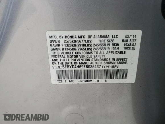 2014 Acura MDX Technology with VIN 5FRYD4H69EB036137, listed as a Copart auction lot 54386865 with 188,569 mi miles and Salvage title. Bid and sale history available at DreamBid. Image 13.