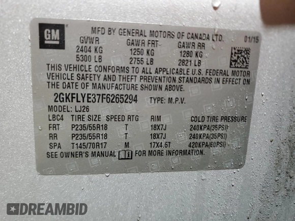 2015 GMC Terrain SLT with VIN 2GKFLYE37F6265294, listed as a Copart auction lot 47703925 with 72,148 mi miles and Salvage Title. Bid and sale history available at DreamBid. Image 15.