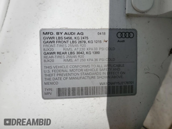 2018 Audi Q5 Prestige with VIN WA1CNAFY5J2178701, listed as a Copart auction lot 61411925 with 36,986 mi miles and Salvage title. Bid and sale history available at DreamBid. Image 14.