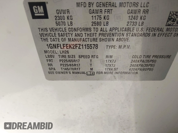 2015 Chevrolet Equinox LT with VIN 1GNFLFEK2FZ115578, listed as a IAAI auction lot 41863686 with 145,949 mi miles. Bid and sale history available at carsss.com. Image 9.