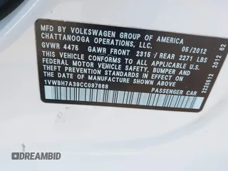 2012 Volkswagen Passat SE w/Sunroof with VIN 1VWBH7A39CC097668, listed as a IAAI auction lot 42100044 with 126,637 mi miles. Bid and sale history available at carsss.com. Image 9.