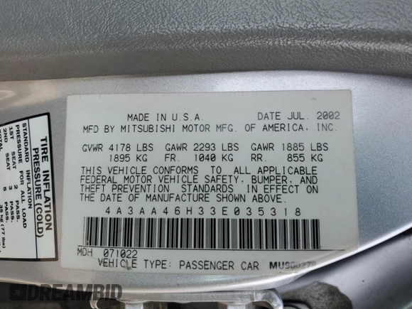 2003 Mitsubishi Galant ES z VIN 4A3AA46H33E035318, wystawiony jako Copart lot #42823255 z przebiegiem 51 373 mil mil oraz Czysty tytuł • Clean title. Historia ofert i sprzedaży dostępna na DreamBid. Obrazek 12.