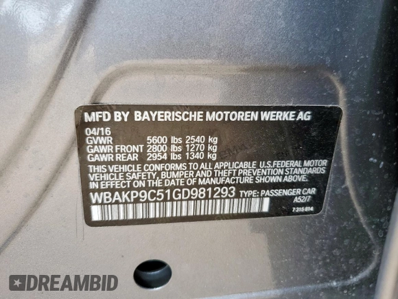 2016 BMW 5 Series 550i xDrive with VIN WBAKP9C51GD981293, listed as a Copart auction lot 60735095 with Not provided miles and Salvage title. Bid and sale history available at DreamBid. Image 12.