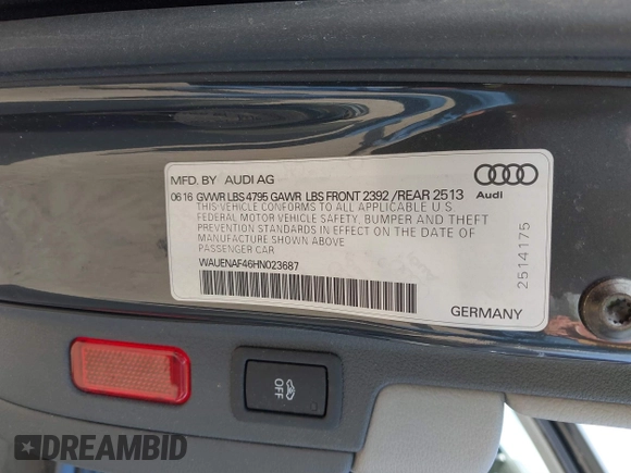 2017 Audi A4 Premium Plus z VIN WAUENAF46HN023687, wystawiony jako IAAI lot #41804603 z przebiegiem 117 020 mil mil oraz . Historia ofert i sprzedaży dostępna na DreamBid. Obrazek 9.