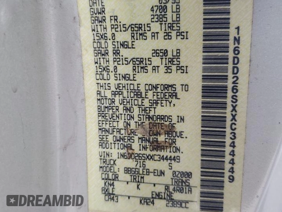 1999 Nissan Frontier XE with VIN 1N6DD26SXXC344449, listed as a Copart auction lot 43748015 with 137,318 mi miles and Salvage title. Bid and sale history available at DreamBid. Image 14.