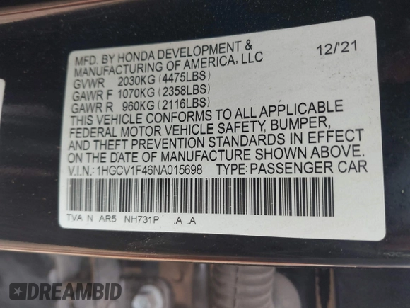 2022 Honda Accord Sport SE with VIN 1HGCV1F46NA015698, listed as a IAAI auction lot 42183378 with 56,082 mi miles and . Bid and sale history available at DreamBid. Image 9.
