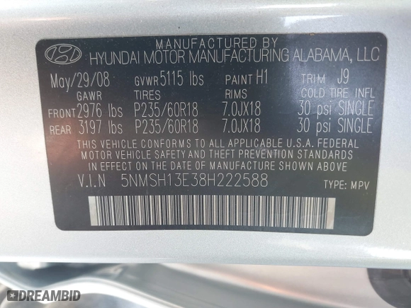 2008 Hyundai Santa Fe SE with VIN 5NMSH13E38H222588, listed as a IAAI auction lot 41684138 with 56,958 mi miles. Bid and sale history available at carsss.com. Image 9.