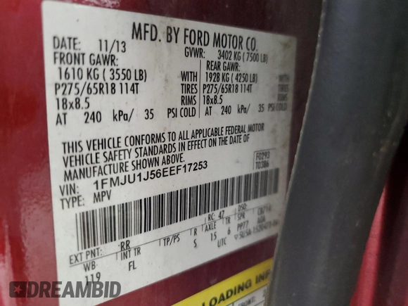 2014 Ford Expedition King Ranch with VIN 1FMJU1J56EEF17253, listed as a Copart auction lot 57563095 with 163,158 mi miles and Clean title. Bid and sale history available at DreamBid. Image 13.