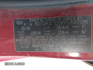 2009 Kia Spectra EX with VIN KNAFE221095634712, listed as a IAAI auction lot 41930897 with 165,185 mi miles. Bid and sale history available at carsss.com. Image 9.