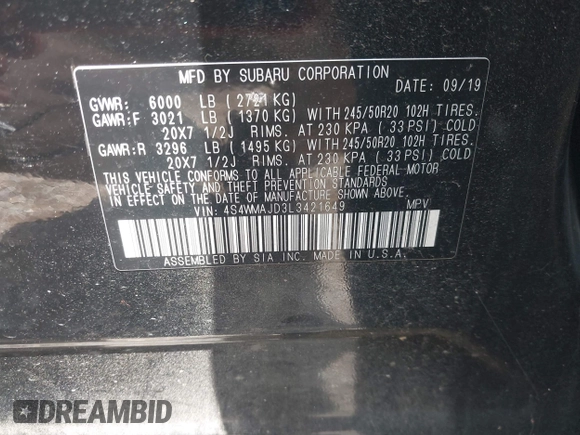 2020 Subaru Ascent Limited with VIN 4S4WMAJD3L3421649, listed as a IAAI auction lot 42636293 with 73,482 mi miles and . Bid and sale history available at DreamBid. Image 9.