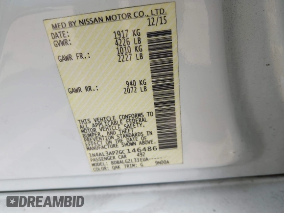 2016 Nissan Altima SV with VIN 1N4AL3AP2GC146486, listed as a IAAI auction lot 41694332 with 135,076 mi miles and . Bid and sale history available at DreamBid. Image 9.