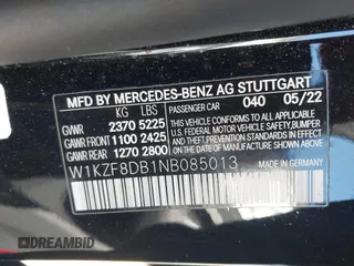 2022 Mercedes-Benz E 350 with VIN W1KZF8DB1NB085013, listed as a IAAI auction lot 41881502 with 83,238 mi miles and . Bid and sale history available at DreamBid. Image 9.