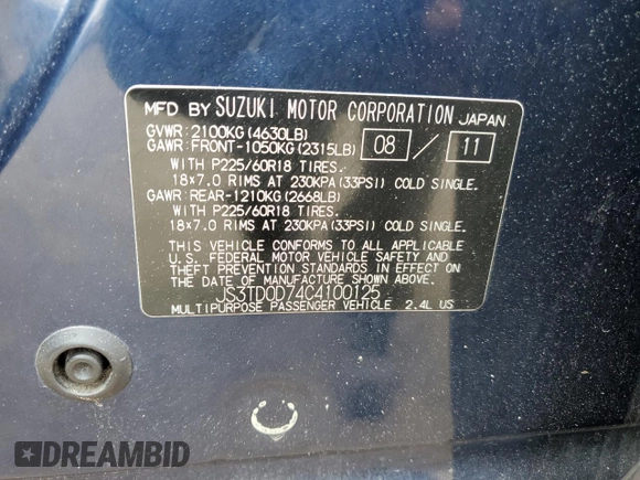 2012 Suzuki Grand Vitara Limited with VIN JS3TD0D74C4100125, listed as a Copart auction lot 58935355 with 218,085 mi miles and Salvage title. Bid and sale history available at DreamBid. Image 12.