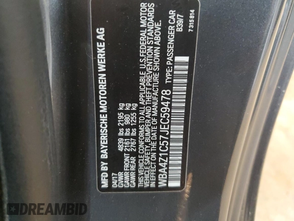 2018 BMW 4 Series 430i with VIN WBA4Z1C57JEC59478, listed as a Copart auction lot 59487625 with 134,601 mi miles and Salvage title. Bid and sale history available at DreamBid. Image 12.