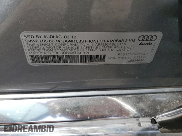 2012 Audi A8 L 6.3L with VIN WAUR4AFD5CN029378, listed as a Copart auction lot 54545475 with 119,386 mi miles and Clean Title. Bid and sale history available at carsss.com. Image 12.