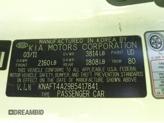 2011 Kia Forte LX with VIN KNAFT4A29B5417841, listed as a IAAI auction lot 41953201 with 149,768 mi miles. Bid and sale history available at carsss.com. Image 9.