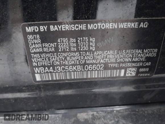 2019 BMW 4 Series 430i xDrive with VIN WBA4J3C56KBL06602, listed as a IAAI auction lot 41734467 with 225,041 mi miles. Bid and sale history available at carsss.com. Image 9.