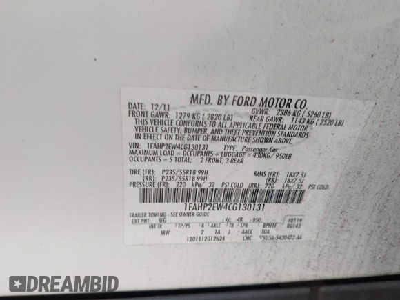 2012 Ford Taurus SEL with VIN 1FAHP2EW4CG130131, listed as a IAAI auction lot 42079457 with 162,101 mi miles and . Bid and sale history available at DreamBid. Image 9.