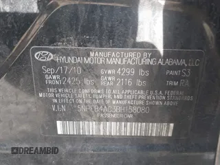 2011 Hyundai Sonata GLS with VIN 5NPEB4AC3BH158080, listed as a IAAI auction lot 42126511 with 176,000 mi miles and . Bid and sale history available at carsss.com. Image 9.