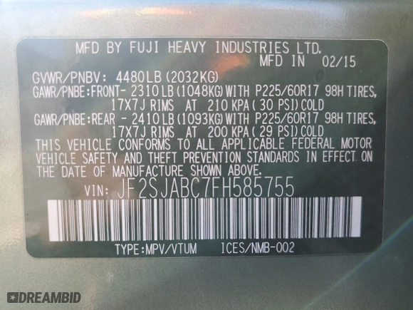 2015 Subaru Forester 2.5i with VIN JF2SJABC7FH585755, listed as a Copart auction lot 48711395 with 134,391 mi miles and Salvage Title. Bid and sale history available at carsss.com. Image 12.