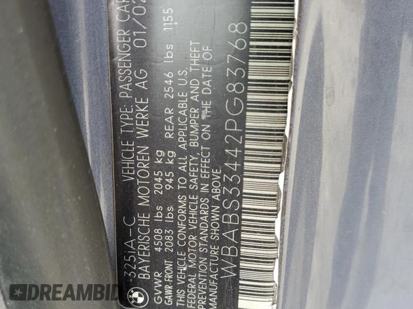 2002 BMW 3 Series 325Ci z VIN WBABS33442PG83768, wystawiony jako Copart lot #54301055 z przebiegiem 171 131 mil mil oraz Szkoda całkowita • Salvage title. Historia ofert i sprzedaży dostępna na DreamBid. Obrazek 12.