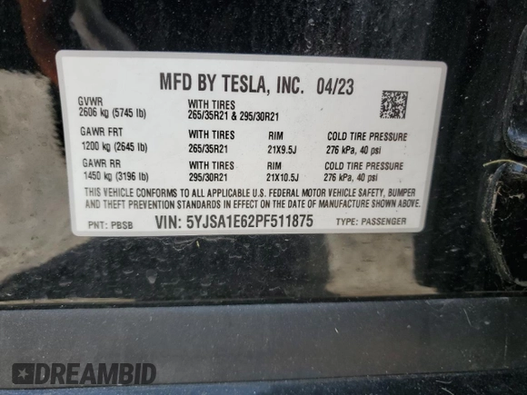 2023 Tesla Model S Plaid with VIN 5YJSA1E62PF511875, listed as a Copart auction lot 65583824 with Not provided miles and Salvage title. Bid and sale history available at DreamBid. Image 14.