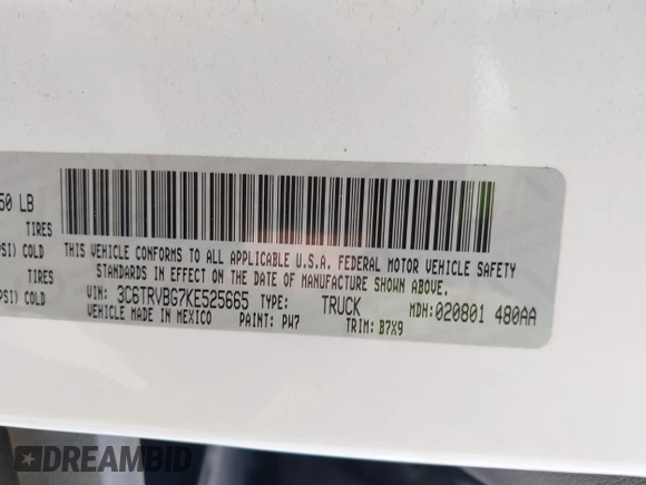 2019 Ram ProMaster Cargo with VIN 3C6TRVBG7KE525665, listed as a IAAI auction lot 42104995 with 144,125 mi miles and . Bid and sale history available at carsss.com. Image 9.