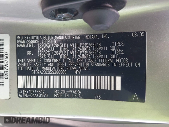 2005 Toyota Sienna CE with VIN 5TDZA23C95S380868, listed as a IAAI auction lot 41922419 with 218,513 mi miles and . Bid and sale history available at DreamBid. Image 9.