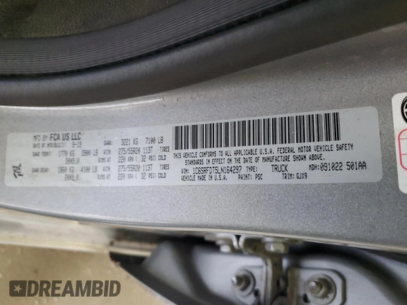 2020 Ram 1500 Laramie z VIN 1C6SRFDT5LN164297, wystawiony jako Copart lot #55420835 z przebiegiem 67 911 mil mil oraz Szkoda całkowita • Salvage title. Historia ofert i sprzedaży dostępna na DreamBid. Obrazek 12.