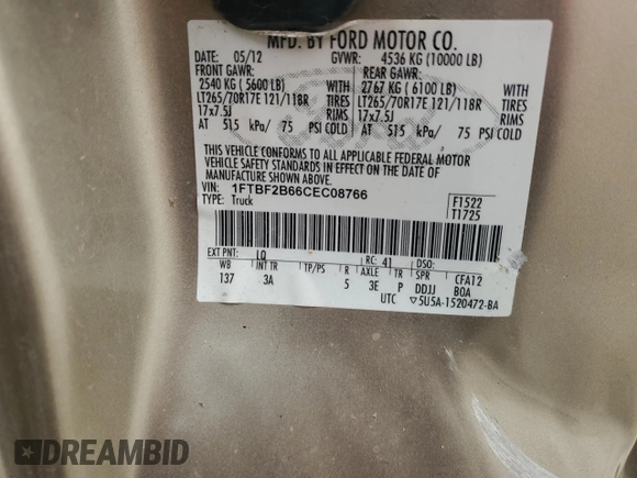 2012 Ford F-250 XL с VIN 1FTBF2B66CEC08766, выставлен на аукционе Copart как лот 72402984 с пробегом 167 444 миль миль и Чистый • Clean title. История ставок и продаж доступна на DreamBid. Изображение 15.