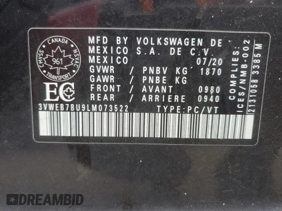 2020 Volkswagen Jetta SEL с VIN 3VWEB7BU9LM073522, выставлен на аукционе Copart как лот 55940955 с пробегом 80 591 миль миль и Списание • Salvage title. История ставок и продаж доступна на DreamBid. Изображение 13.