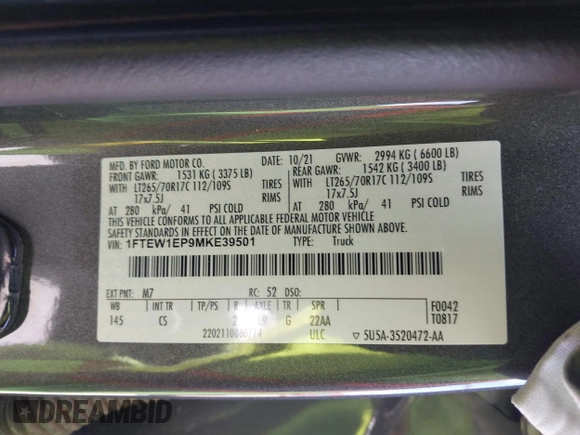 2021 Ford F-150 XL с VIN 1FTEW1EP9MKE39501, выставлен на аукционе IAAI как лот 42270609 с пробегом 82 888 миль миль и . История ставок и продаж доступна на DreamBid. Изображение 9.