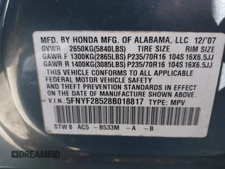 2008 Honda Pilot EX-L z VIN 5FNYF28528B018817, wystawiony jako IAAI lot #41608185 z przebiegiem 206 094 mil mil oraz . Historia ofert i sprzedaży dostępna na DreamBid. Obrazek 9.