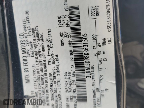 2019 Lincoln MKZ Reserve I with VIN 3LN6L5D98KR631505, listed as a Copart auction lot 51436065 with 39,980 mi miles and Salvage Title. Bid and sale history available at carsss.com. Image 12.