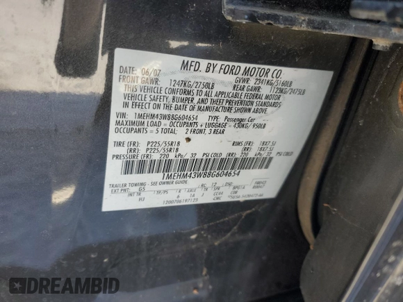 2008 Mercury Sable Premier с VIN 1MEHM43W88G604654, выставлен на аукционе Copart как лот 83016534 с пробегом 82 750 миль миль и Чистый • Clean title. История ставок и продаж доступна на DreamBid. Изображение 13.