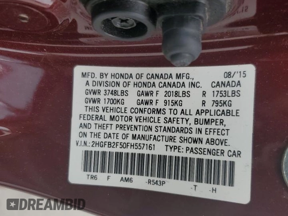 2015 Honda Civic LX with VIN 2HGFB2F50FH557161, listed as a Copart auction lot 46039215 with 133,232 mi miles and Salvage Title. Bid and sale history available at DreamBid. Image 12.
