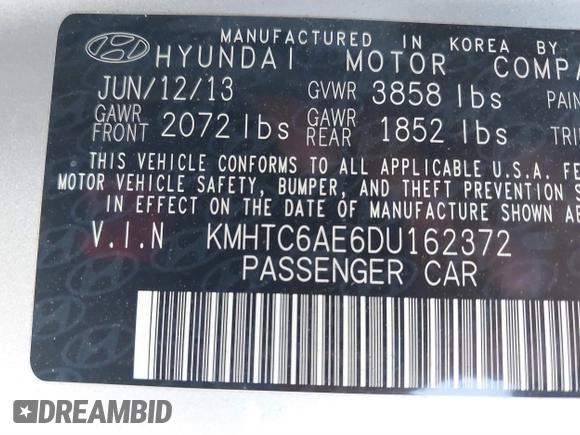 2013 Hyundai Veloster Turbo with VIN KMHTC6AE6DU162372, listed as a IAAI auction lot 41481820 with 105,650 mi miles and . Bid and sale history available at DreamBid. Image 9.