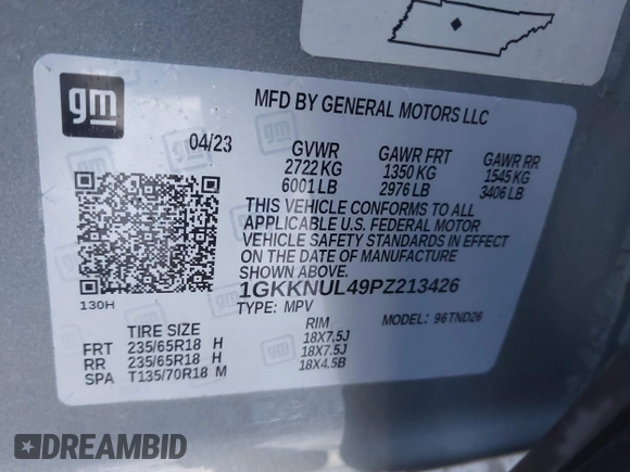 2023 GMC Acadia SLT with VIN 1GKKNUL49PZ213426, listed as a IAAI auction lot 41725515 with 38,038 mi miles and . Bid and sale history available at DreamBid. Image 9.