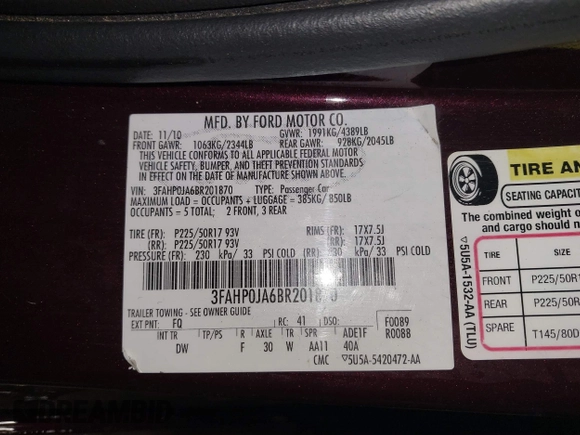 2011 Ford Fusion SEL with VIN 3FAHP0JA6BR201870, listed as a IAAI auction lot 42159069 with 157,656 mi miles. Bid and sale history available at carsss.com. Image 9.