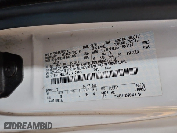 2014 Ford Econoline Cargo Commercial with VIN 1FTNE2EL0EDB13761, listed as a IAAI auction lot 42332089 with 110,112 mi miles and . Bid and sale history available at DreamBid. Image 1.