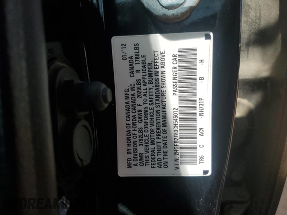 2012 Honda Civic EX with VIN 2HGFB2F83CH545012, listed as a Copart auction lot 54918605 with 229,970 mi miles and Salvage Title. Bid and sale history available at DreamBid. Image 12.