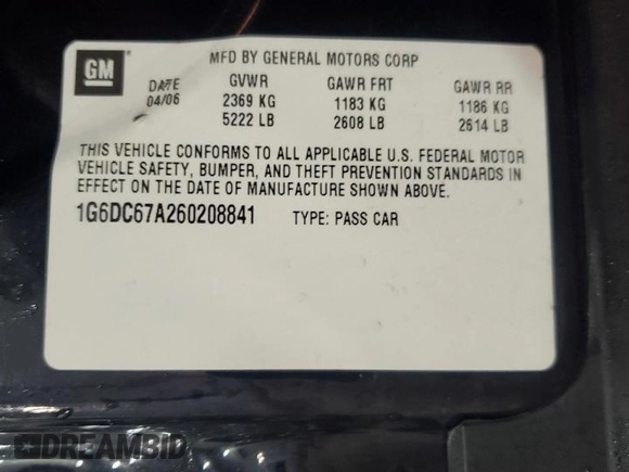 2006 Cadillac STS with VIN 1G6DC67A260208841, listed as a Copart auction lot 43142645 with 165,684 mi miles and Salvage Title. Bid and sale history available at DreamBid. Image 12.