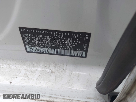 2017 Volkswagen Golf S z VIN 3VWH17AU8HM515411, wystawiony jako IAAI lot #41931252 z przebiegiem 106 421 mil mil oraz . Historia ofert i sprzedaży dostępna na DreamBid. Obrazek 9.