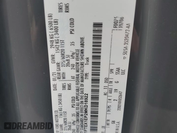 2021 Ford F-150 XL z VIN 1FTEX1EP2MKD18922, wystawiony jako Copart lot #56143555 z przebiegiem 100 248 mil mil oraz Szkoda całkowita • Salvage title. Historia ofert i sprzedaży dostępna na DreamBid. Obrazek 12.