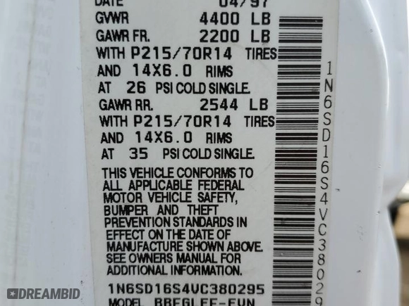 1997 Nissan Trucks 2WD XE with VIN 1N6SD16S4VC380295, listed as a Copart auction lot 45569725 with 128,660 mi miles and Salvage Title. Bid and sale history available at carsss.com. Image 12.