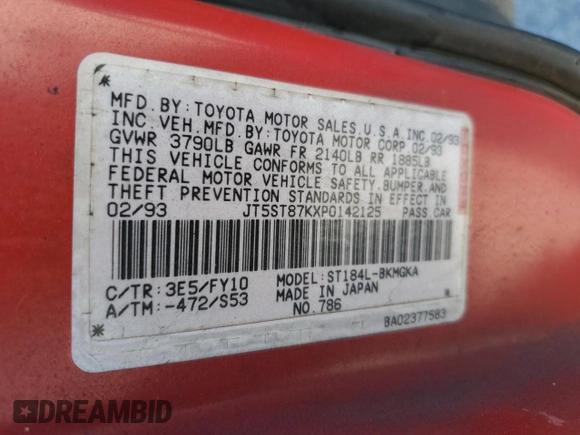 1993 Toyota Celica z VIN JT5ST87KXP0142125, wystawiony jako Copart lot #82752374 z przebiegiem 177 673 mil mil oraz Nie do naprawy • Non repairable. Historia ofert i sprzedaży dostępna na DreamBid. Obrazek 12.