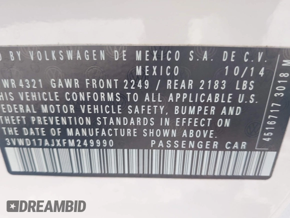 2015 Volkswagen Jetta Sedan 1.8T SE with VIN 3VWD17AJXFM249990, listed as a IAAI auction lot 41810073 with 127,683 mi miles. Bid and sale history available at carsss.com. Image 9.